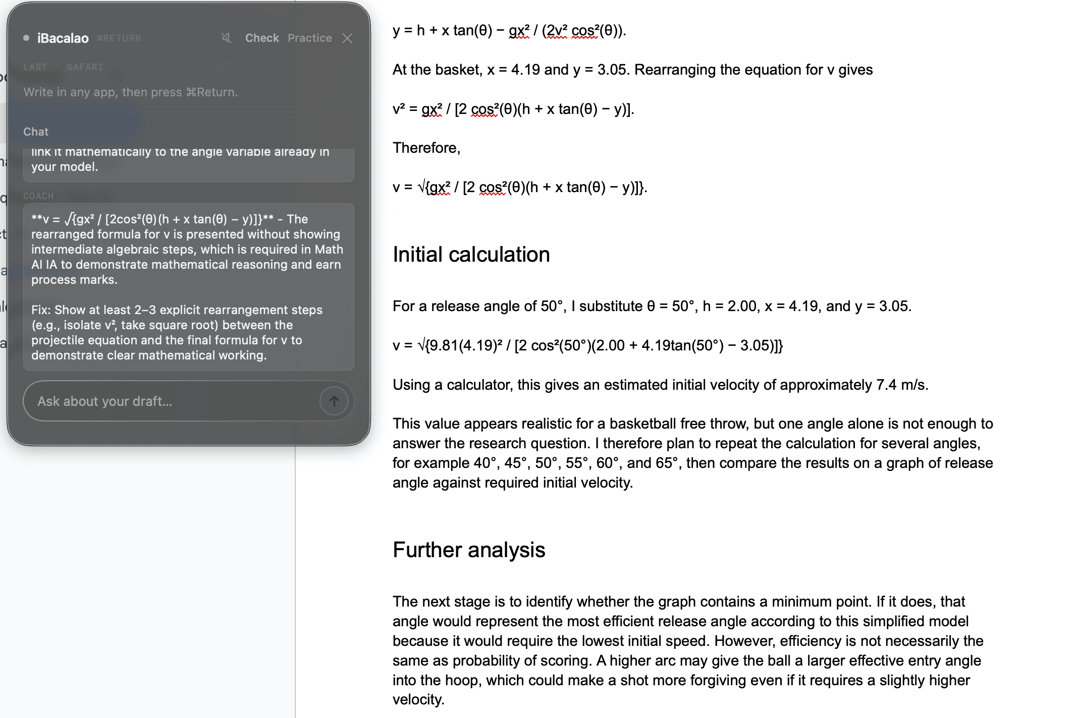 Marginalia overlay giving live feedback on an IB Math IA draft