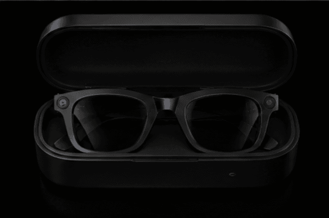 Iris glasses resting in charging case