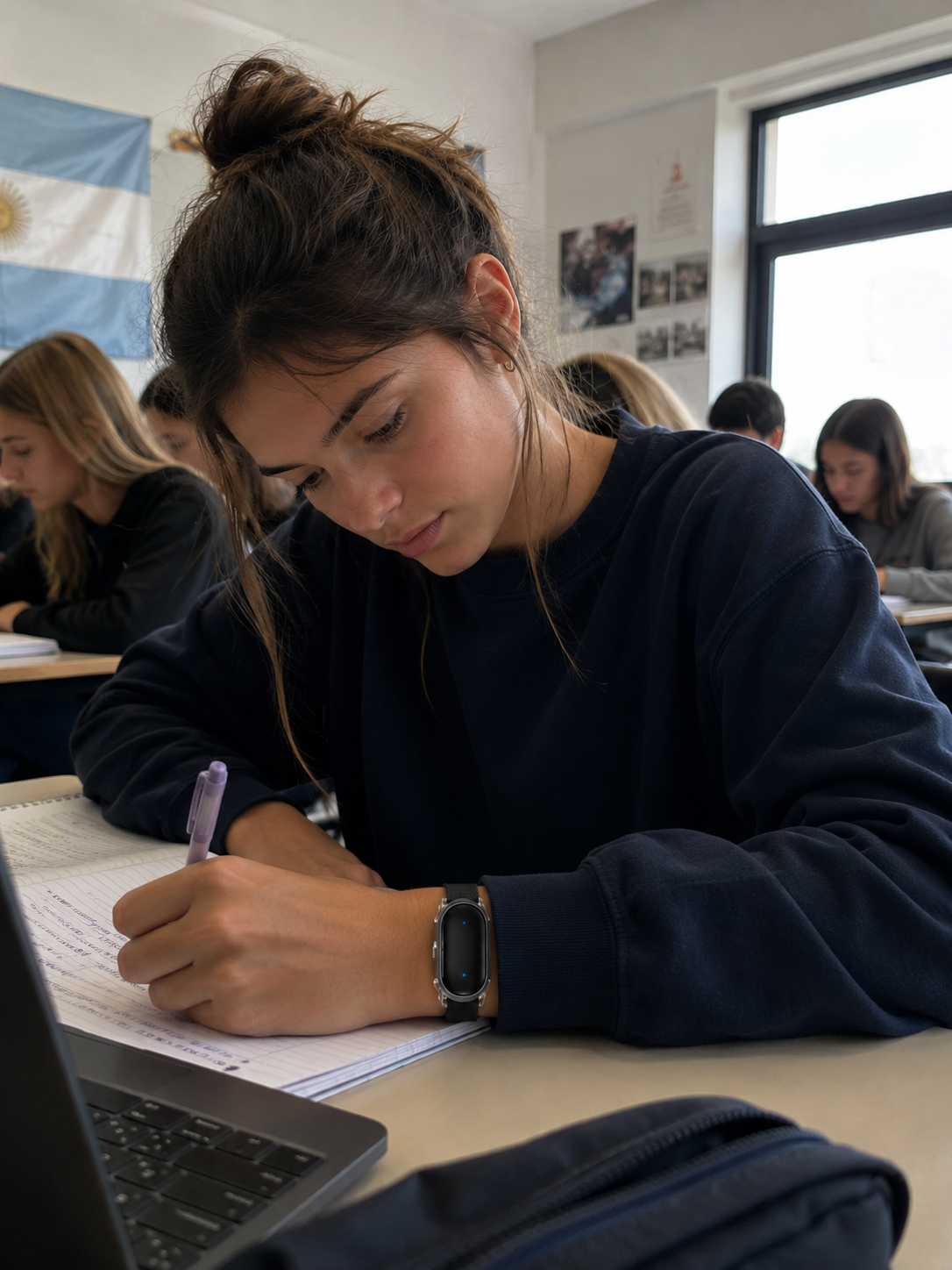 Student focused on notes wearing Trace, bright classroom