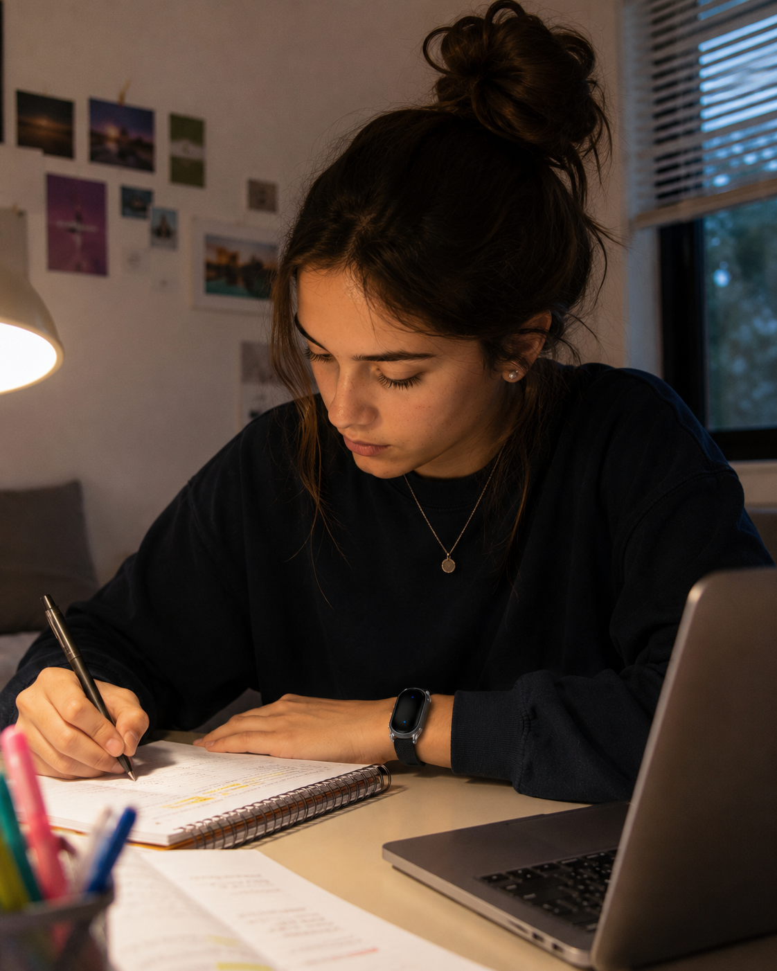 Student studying at night wearing Trace, warm desk lamp